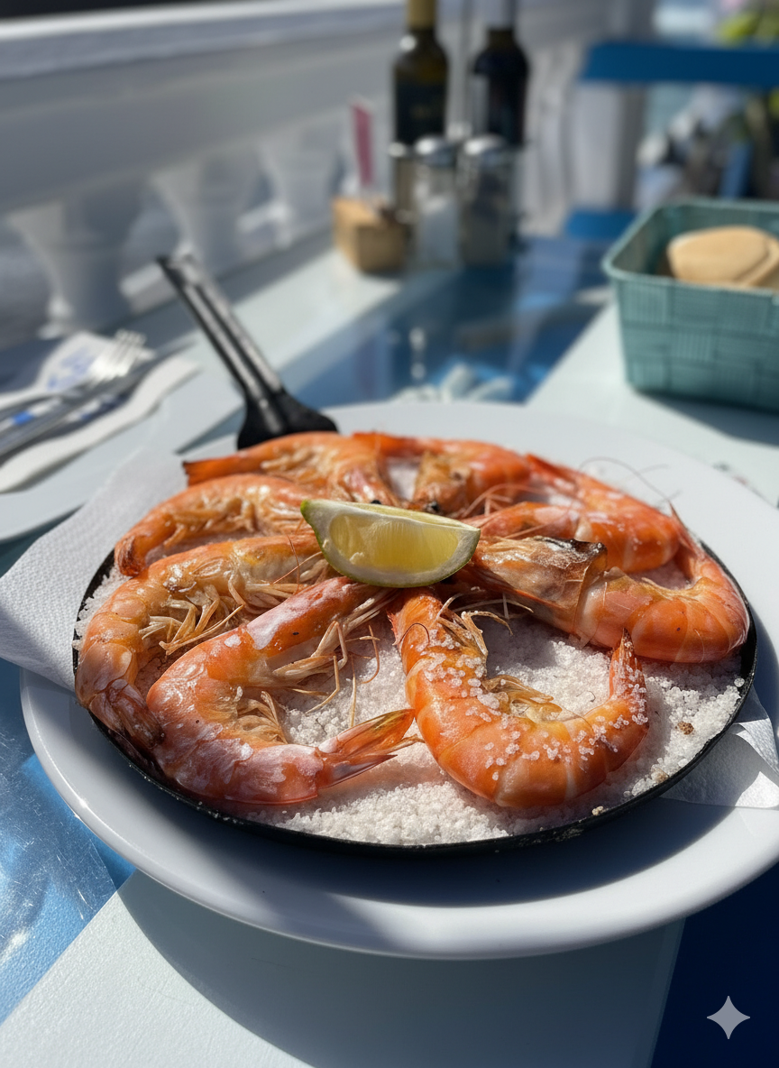 Fresh prawns on sea salt